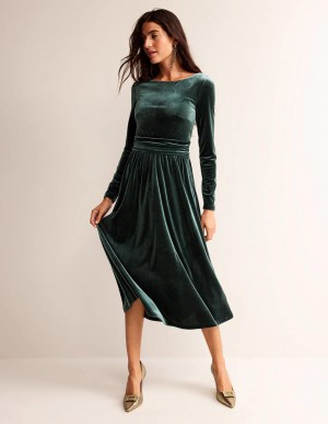 Boden Abigail Velvet Midi Kleid Damen Grün | AJPWE-9614