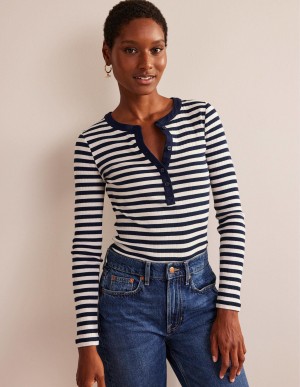 Boden Anna Rib Henley T shirts Damen Navy Weiß | LOAGS-9287