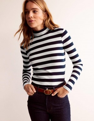 Boden Anna Rib Roll Neck Oberteile Damen Navy Weiß | XFBZI-6543