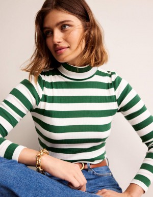 Boden Anna Rib Roll Neck Oberteile Damen Grün Weiß | INOTF-3510