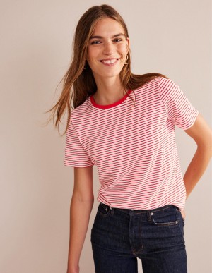 Boden Baumwoll Crew Neck T shirts Damen Weiß Rot | WJNSX-9380