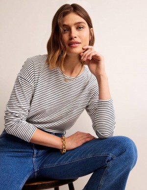 Boden Baumwoll Dropped Shoulder Oberteile Damen Weiß Navy | WZPYN-4265