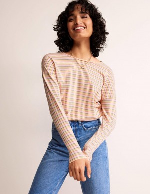 Boden Baumwoll Dropped Shoulder Oberteile Damen Weiß Mehrfarbig | PZDKL-3504