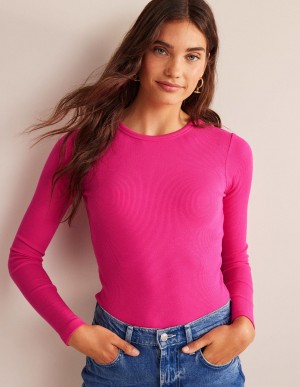 Boden Baumwoll Gerippt Long Sleeve Oberteile Damen Rosa | DLWQE-0935