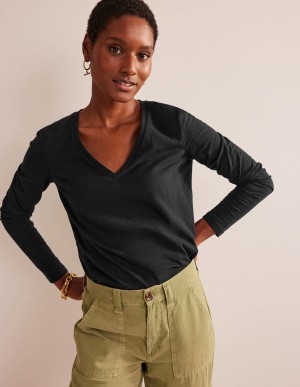 Boden Baumwoll V-Neck Long Sleeve Oberteile Damen Schwarz | MBUFX-0134