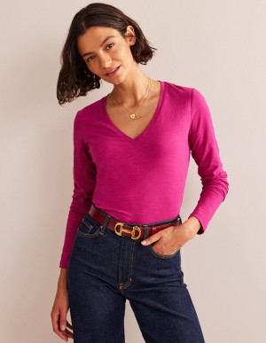 Boden Baumwoll V-Neck Long Sleeve Oberteile Damen Fuchsie | HXWDU-4729