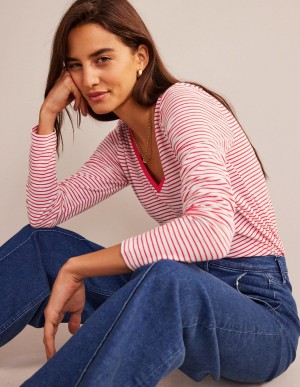 Boden Baumwoll V-Neck Long Sleeve Oberteile Damen Weiß Rot | SRPWZ-8295