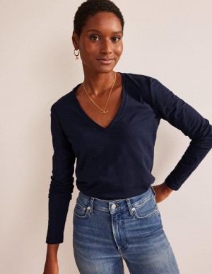 Boden Baumwoll V-Neck Long Sleeve Oberteile Damen Navy | IFMLO-5923