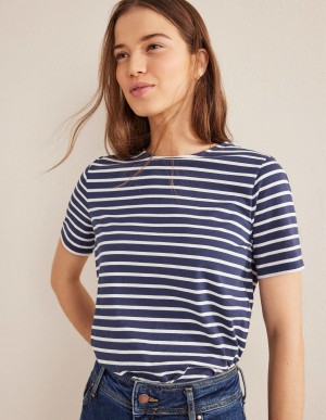 Boden Bea Kurzes Sleeve Breton T shirts Damen Navy Weiß | PAWJL-8064