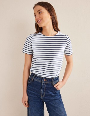 Boden Bea Kurzes Sleeve Breton T shirts Damen Weiß Navy | HSZUB-1902