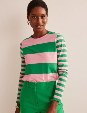 Boden Bea Long Sleeve Breton Oberteile Damen Rosa Grün | KMOHN-6839