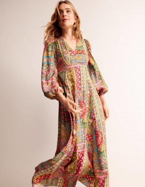 Boden Blouson Sleeve Maxi Tea Kleid Damen Mehrfarbig | ISKMU-6904