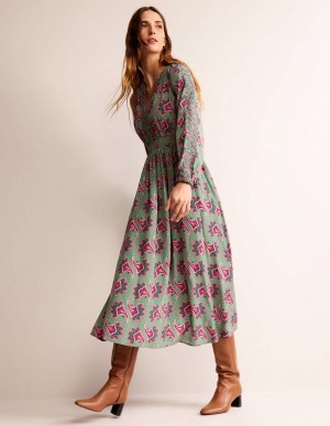 Boden Border Print Raglan Midi Kleid Damen Grün | DPQZR-1350