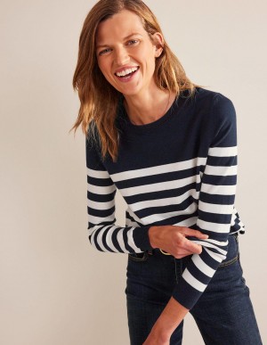 Boden Catriona Baumwoll Crew Pullover Damen Navy Weiß | YDFIM-2379
