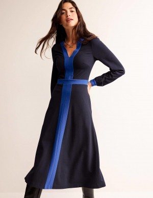Boden Colourblock Ponte Midi Kleid Damen Navy Hellblau | ZMKUB-6029