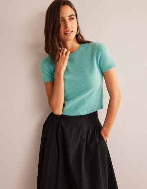 Boden Cropped Cashmere Tee Strickjacke Damen Türkis | QYUPA-9471