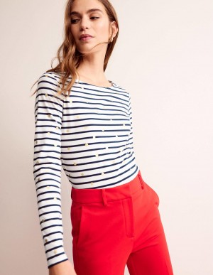 Boden Ella Long Sleeve Breton Oberteile Damen Weiß Navy | PAOTX-5017