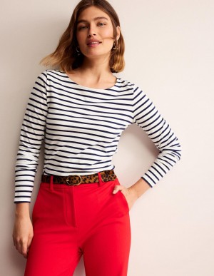 Boden Ella Long Sleeve Breton Oberteile Damen Weiß Navy | QLGTD-9748