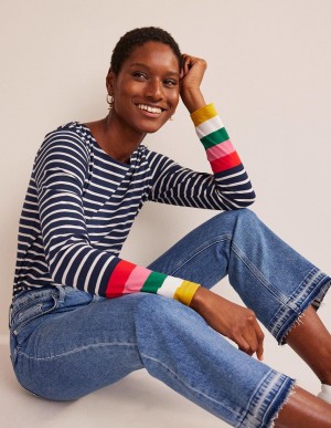 Boden Ella Long Sleeve Breton Oberteile Damen Navy Mehrfarbig | GKJDB-4168