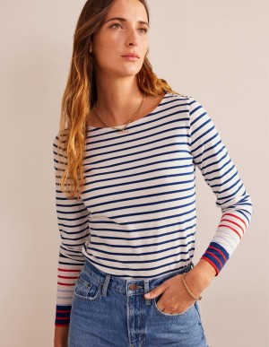 Boden Ella Long Sleeve Breton T shirts Damen Blau Rot | UFNMH-8725