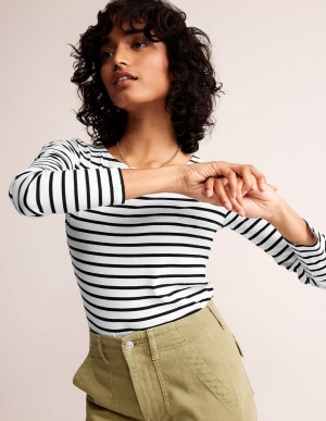 Boden Ella Long Sleeve Breton T shirts Damen Weiß Schwarz | DKIQS-0134