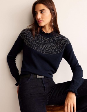 Boden Embellished Yoke Pullover Damen Navy | KJYSW-7813