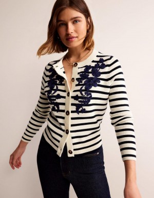Boden Embroidered Strickjacke Damen Navy Weiß | DLIAU-7154