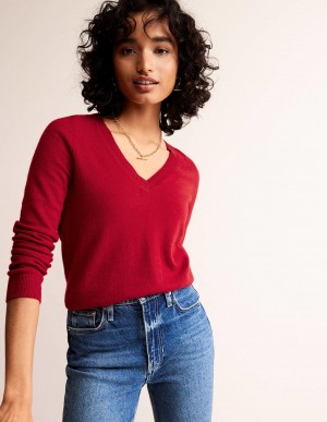 Boden Eva Cashmere V-Neck Pullover Damen Rot | FRWOB-4916