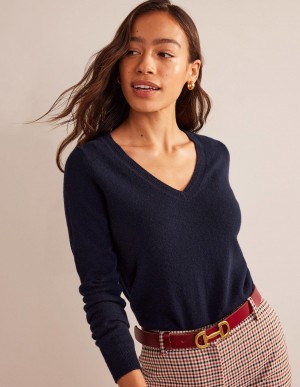 Boden Eva Cashmere V-Neck Pullover Damen Navy | XWEFB-5397