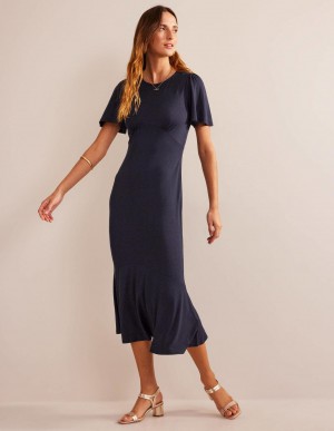 Boden Flippy Jersey Midi Kleid Damen Navy | YABFH-0482