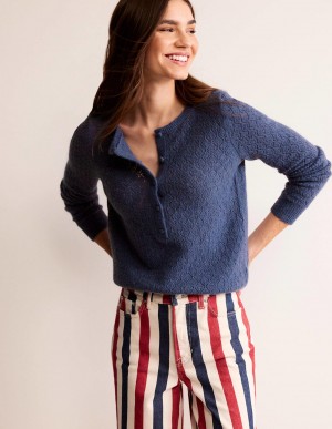Boden Fluffy Henley Pointelle Pullover Damen Blau | RFDUI-1463