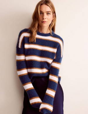 Boden Fluffy Stripe Pullover Damen Navy | BHIVF-4201