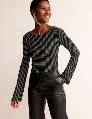 Boden Fluted Sleeve Jersey Oberteile Damen Schwarz | MVENX-4083