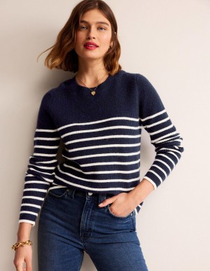 Boden Francesca Stripe Pullover Damen Navy Weiß | KDOJN-2156