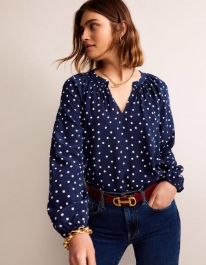 Boden Gathered Neck Silk Blouse Oberteile Damen Navy | JCHVI-4693