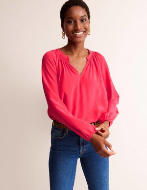 Boden Gathered Neck Silk Blouse Oberteile Damen Rosa | OXMKS-0596