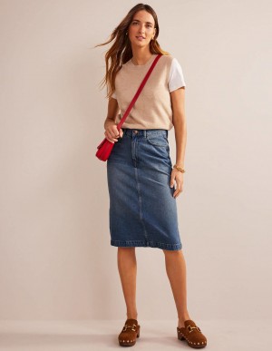 Boden Gerade Denim Midi GolfSkirts Damen Blau | ILDRG-7659