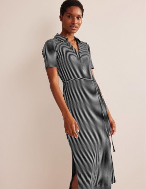 Boden Gerippt-Jersey Midi Shirts Kleid Damen Schwarz Weiß | BNZFC-7254