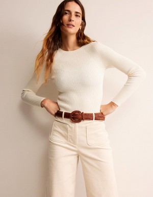 Boden Gerippt Baumwoll Pullover Damen Weiß | GRECK-8720
