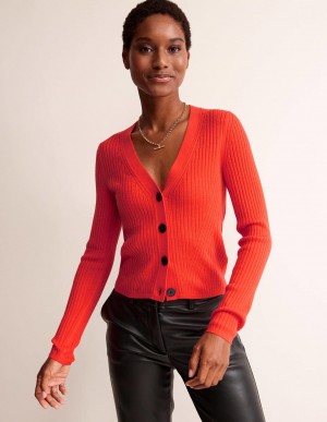 Boden Gerippt Merino V Strickjacke Damen Rot | ZIXYC-4821