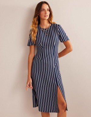 Boden Gestreift Asymmetric Midi Kleid Damen Navy Weiß | TUYAJ-5412
