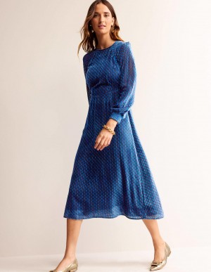 Boden Hotched Devore Midaxi Kleid Damen Tiefesblau | EKVIZ-6382