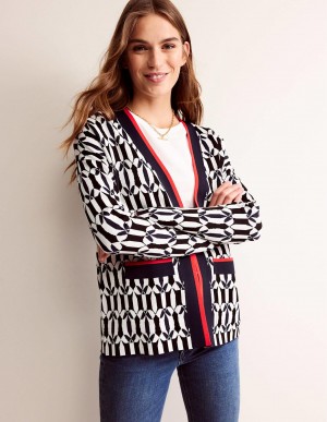 Boden Jacquard Strickjacke Damen Schwarz Weiß | RATDI-8562