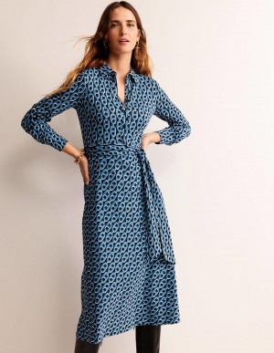 Boden Laura Jersey Midi Shirts Kleid Damen Azurblau | VNFWI-6842