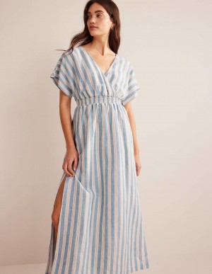 Boden Linen Kaftan Maxi Kleid Damen Blau | QJXAV-6039