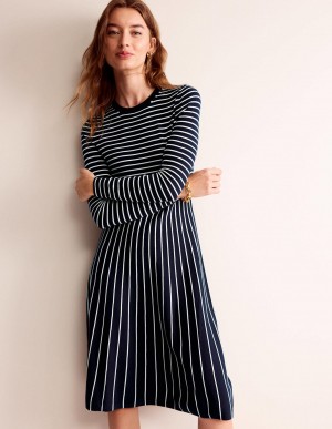 Boden Maria Gestrickt Midi Kleid Damen Navy Weiß | UCSGQ-4217