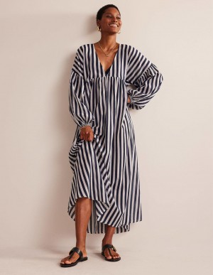 Boden Maxi Empire Beach Kaftan Kleid Damen Blau Weiß | MZJWI-4076