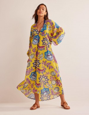 Boden Maxi Empire Beach Kaftan Kleid Damen Gelb | IAWOY-3076