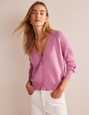 Boden Pointelle Sleeve Strickjacke Damen Rosa | DIBYL-8340