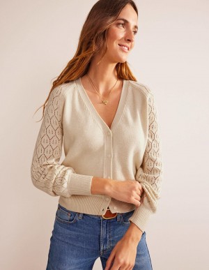 Boden Pointelle Sleeve Strickjacke Damen Weiß | MOPLE-9146